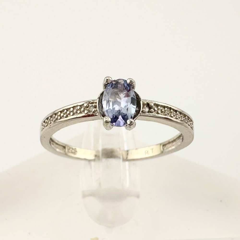 Beautiful Oval Tanzanite Ring with Diamond Accent - Sterling Silver Size 8.25